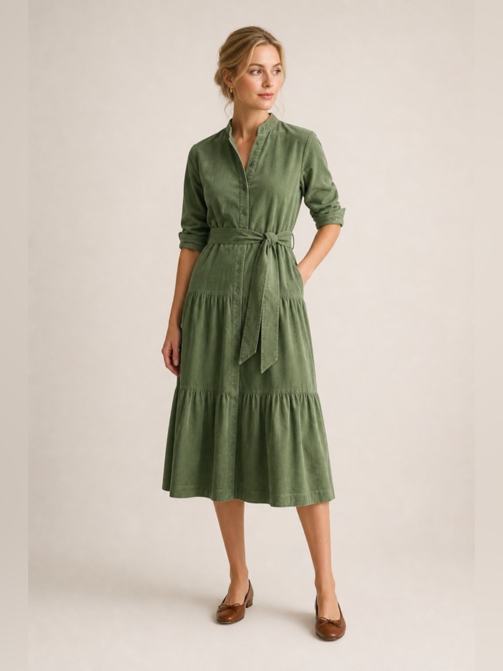 BODEN Tiered Shirt Corduroy Midi Dress Green Ruffle Preppy Long Sleeve Preppy 12 - Picture 4 of 8